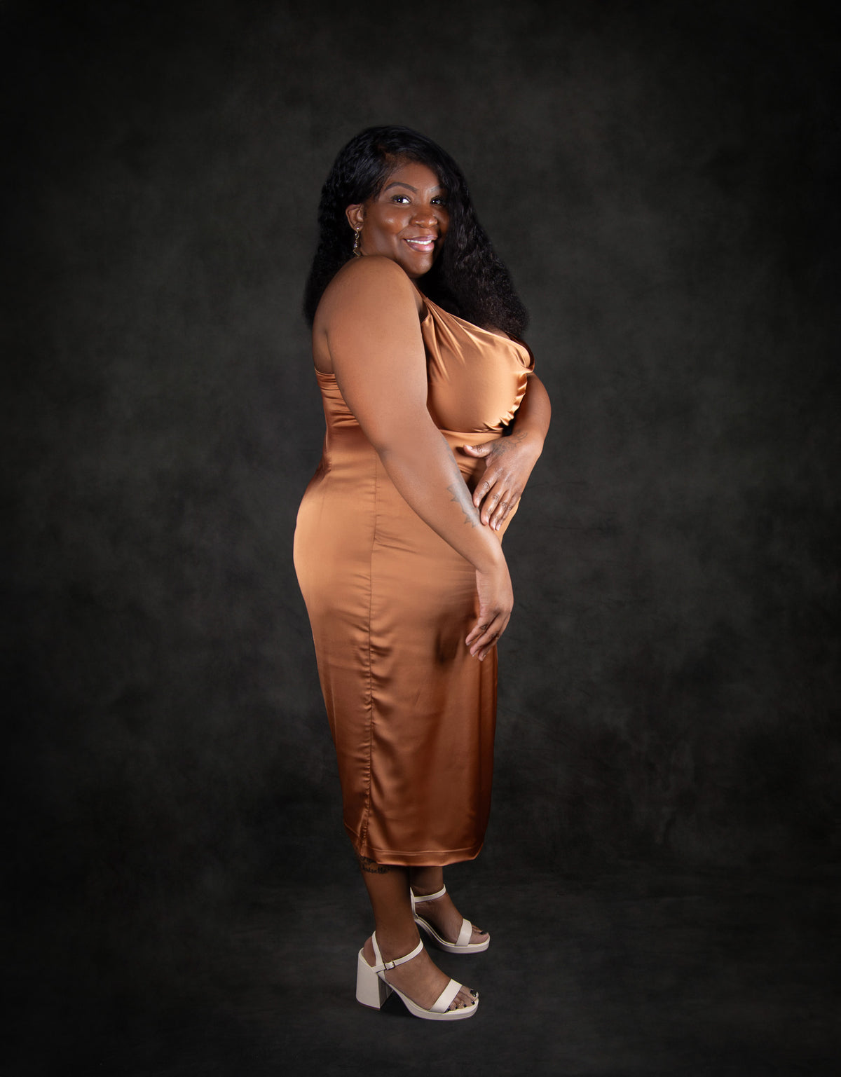 Golden Elegance Satin Midi Dress