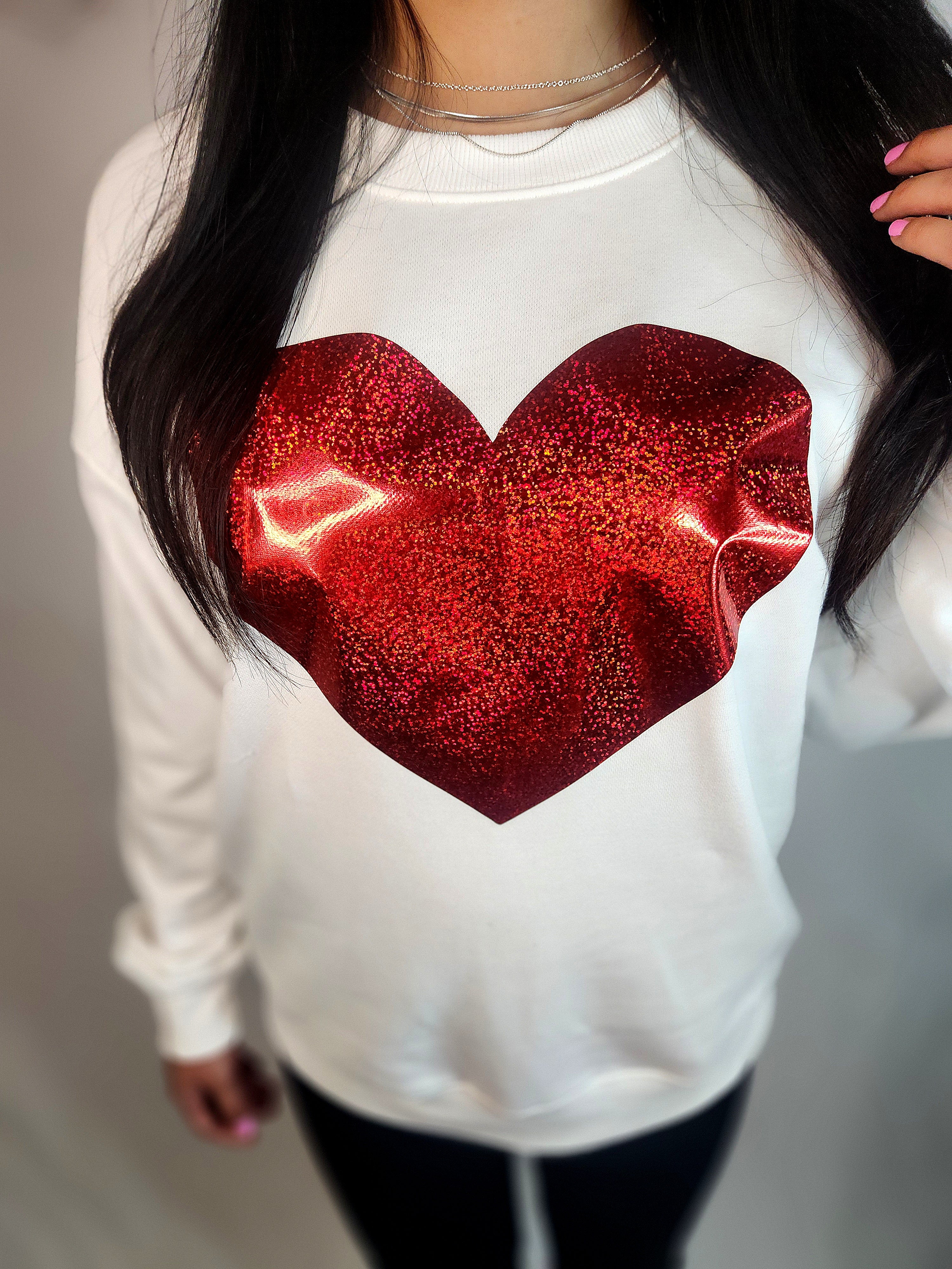 White, Glitter Valentine Heart Shaped Graphic Sweatshirt