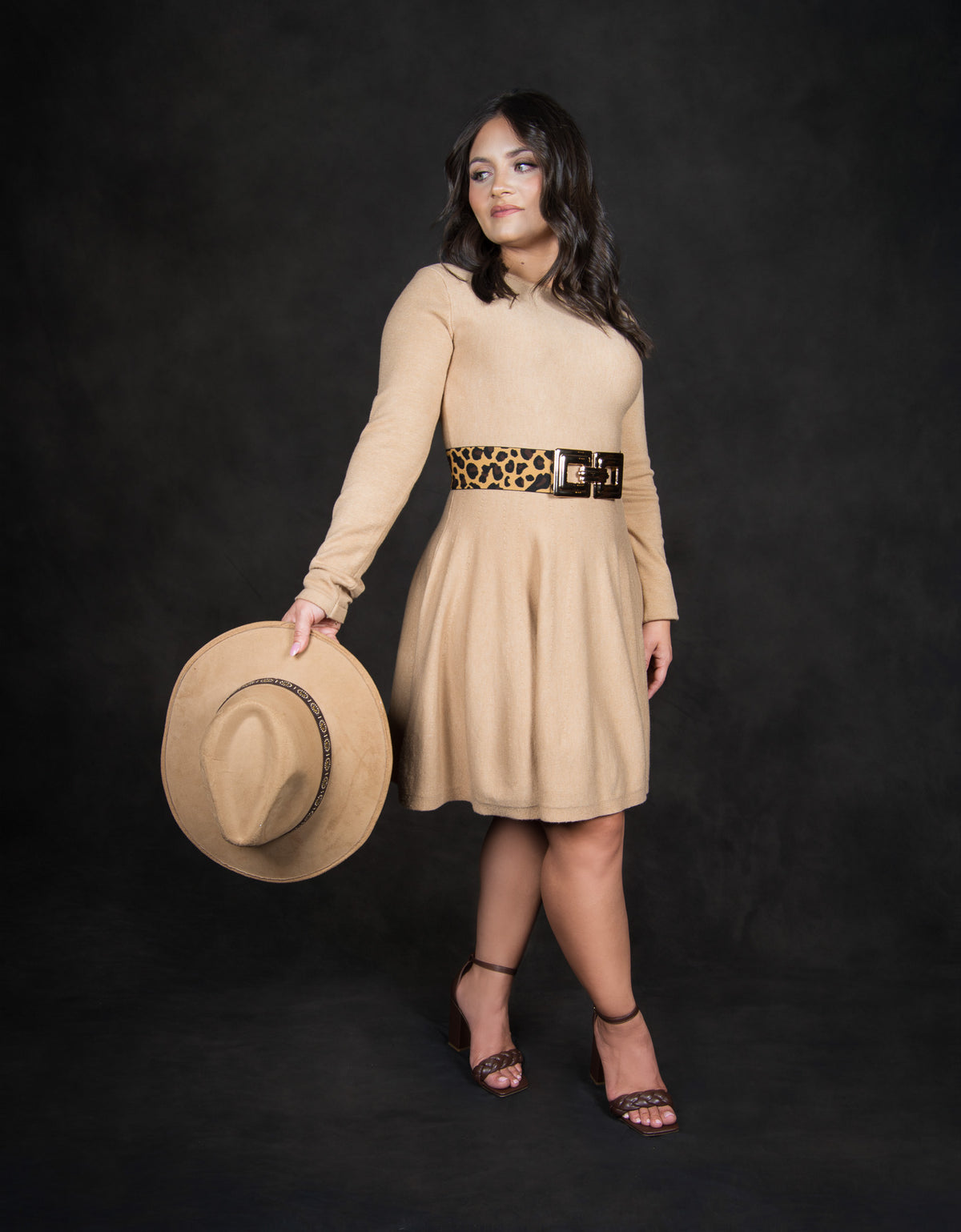 Solid khaki knit pleated dress