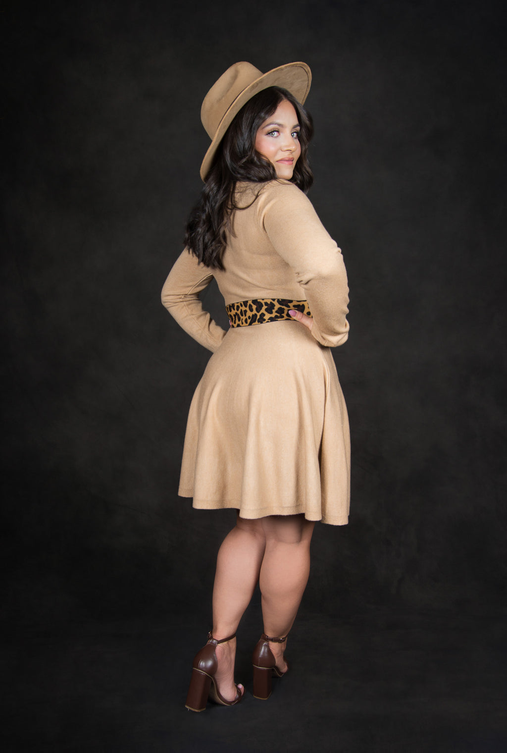 Solid khaki knit pleated dress