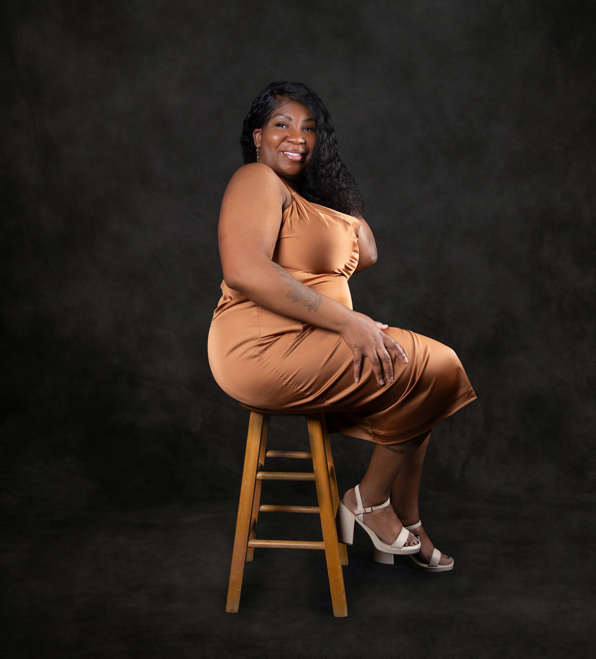 Golden Elegance Satin Midi Dress