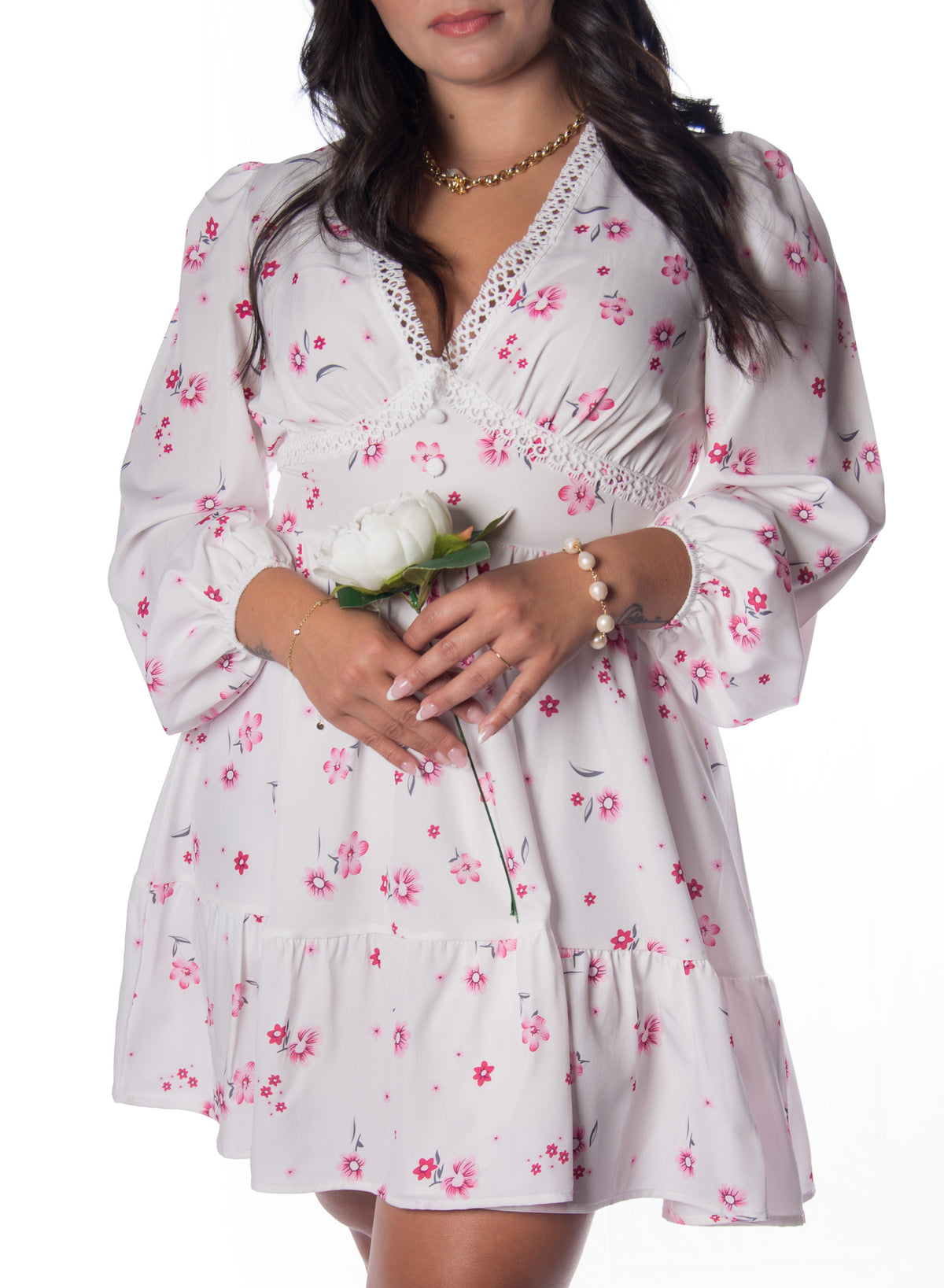 Sweet Floral Lace V-Neck Short Dress