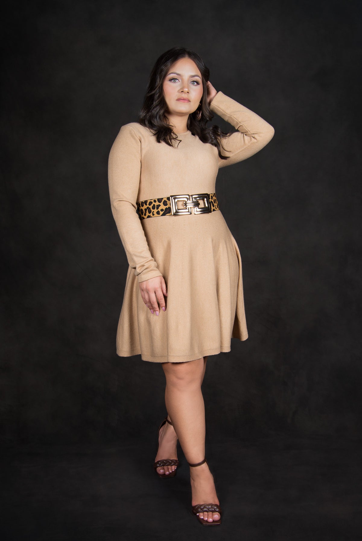 Solid khaki knit pleated dress