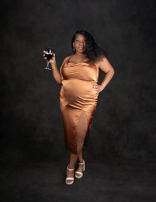 Golden Elegance Satin Midi Dress