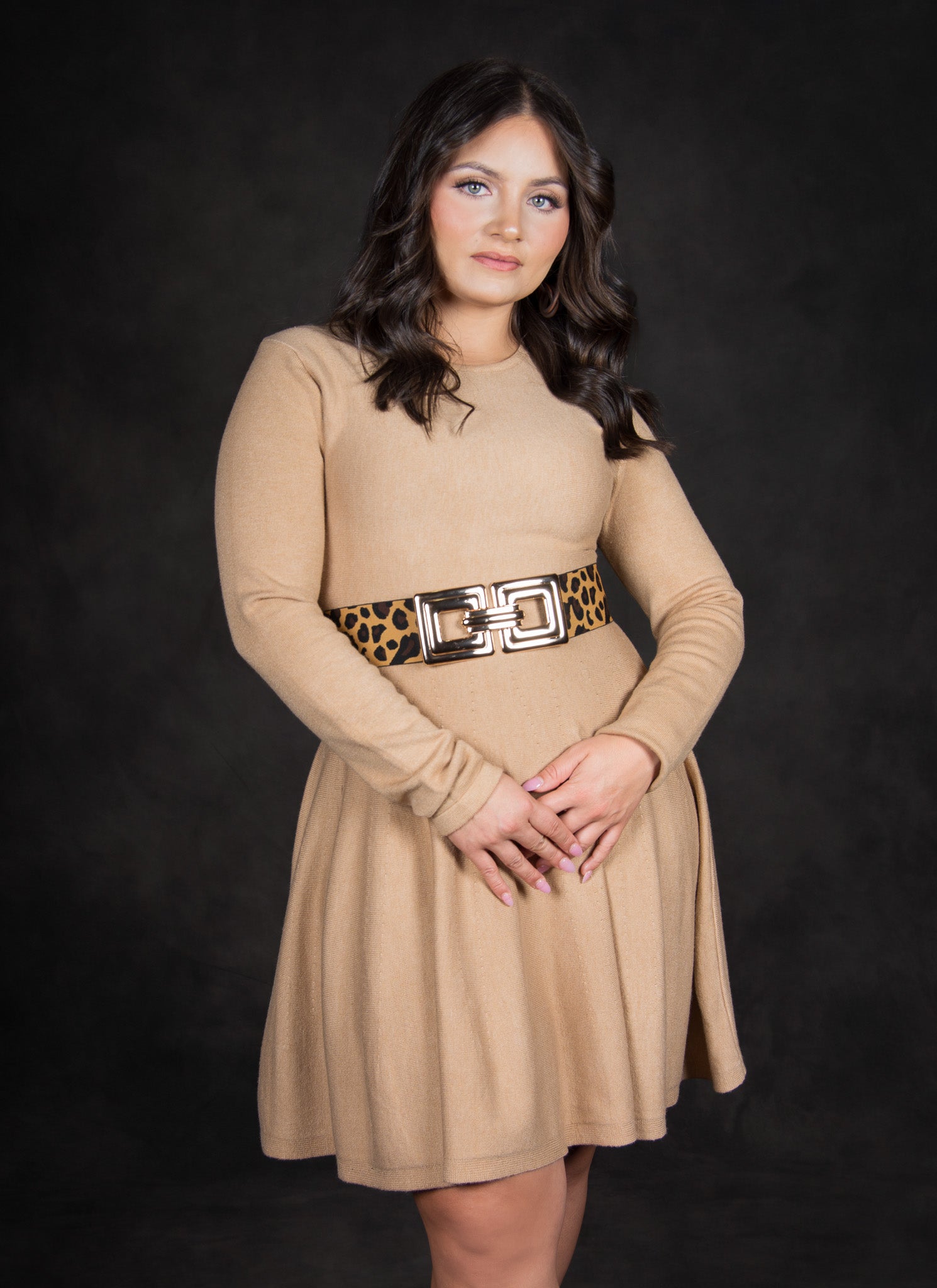 Solid khaki knit pleated dress